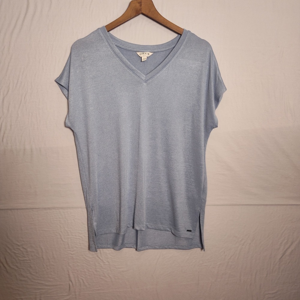 Orvis Classic Collection Womens V-Neck Knit Top Light Blue Metallic Medium